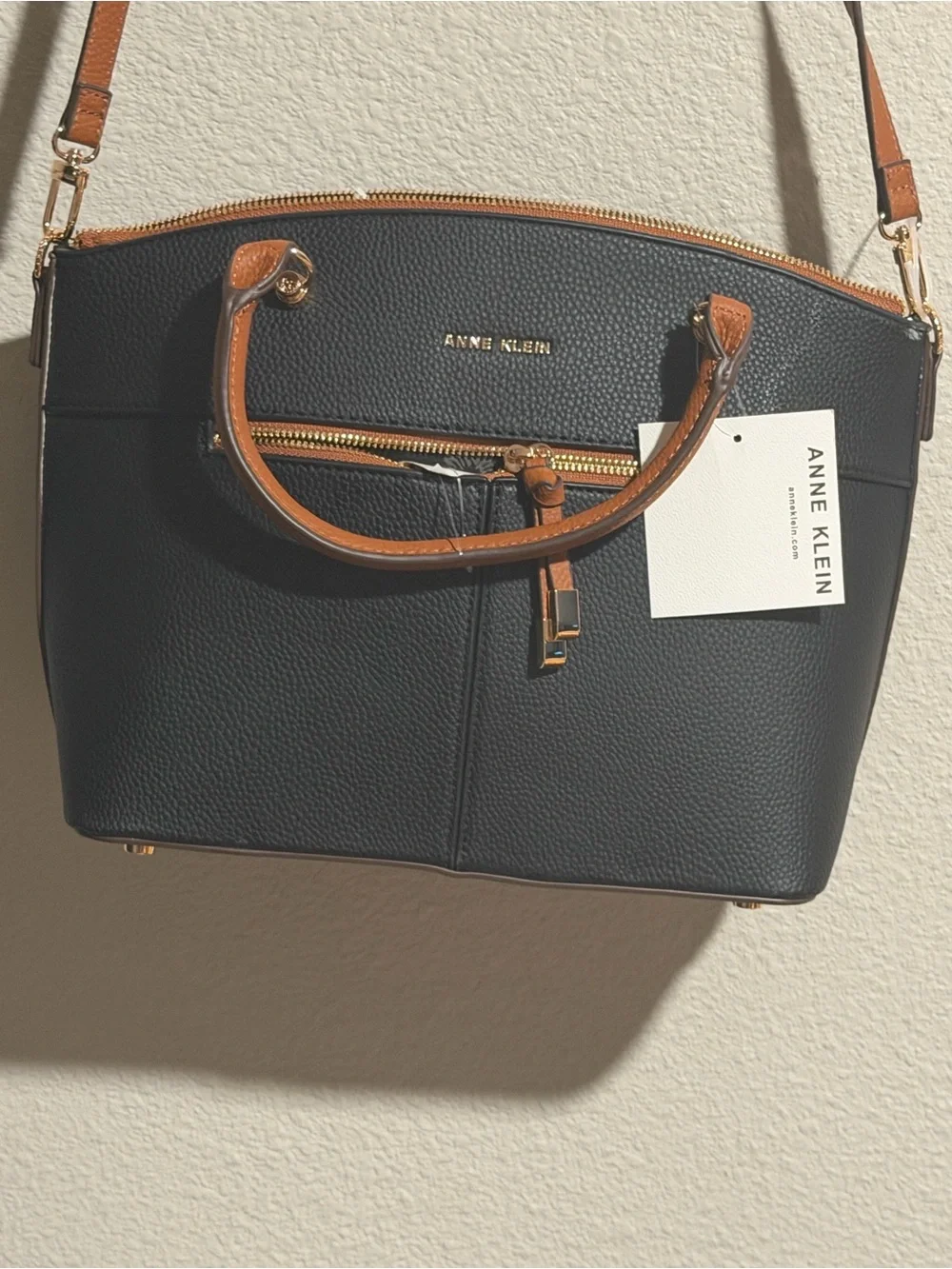 Anne Klein Black Satchel with Tan Trim and Gold Hardware